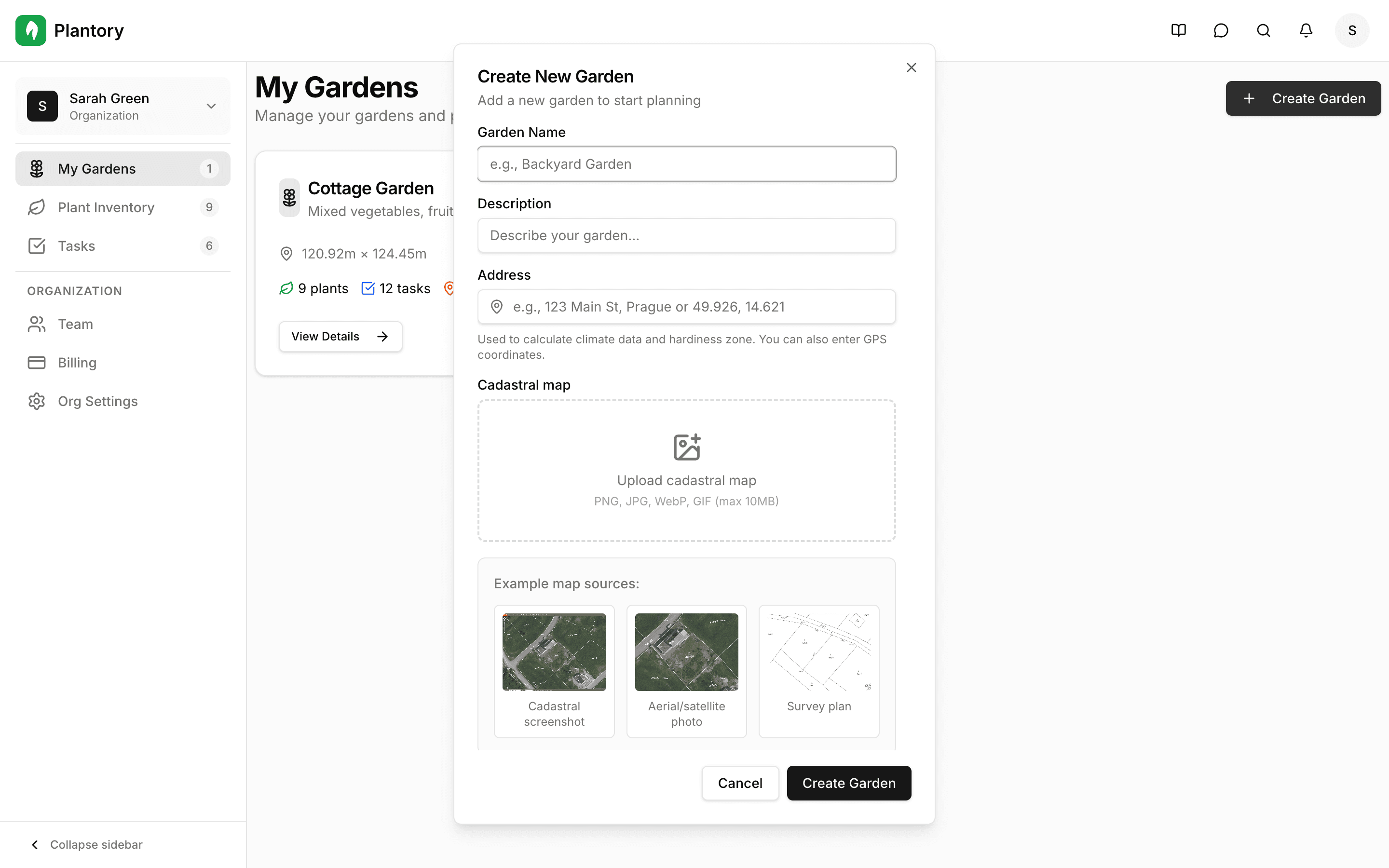 Formulář vytvoření zahrady zobrazující všechna vstupní pole