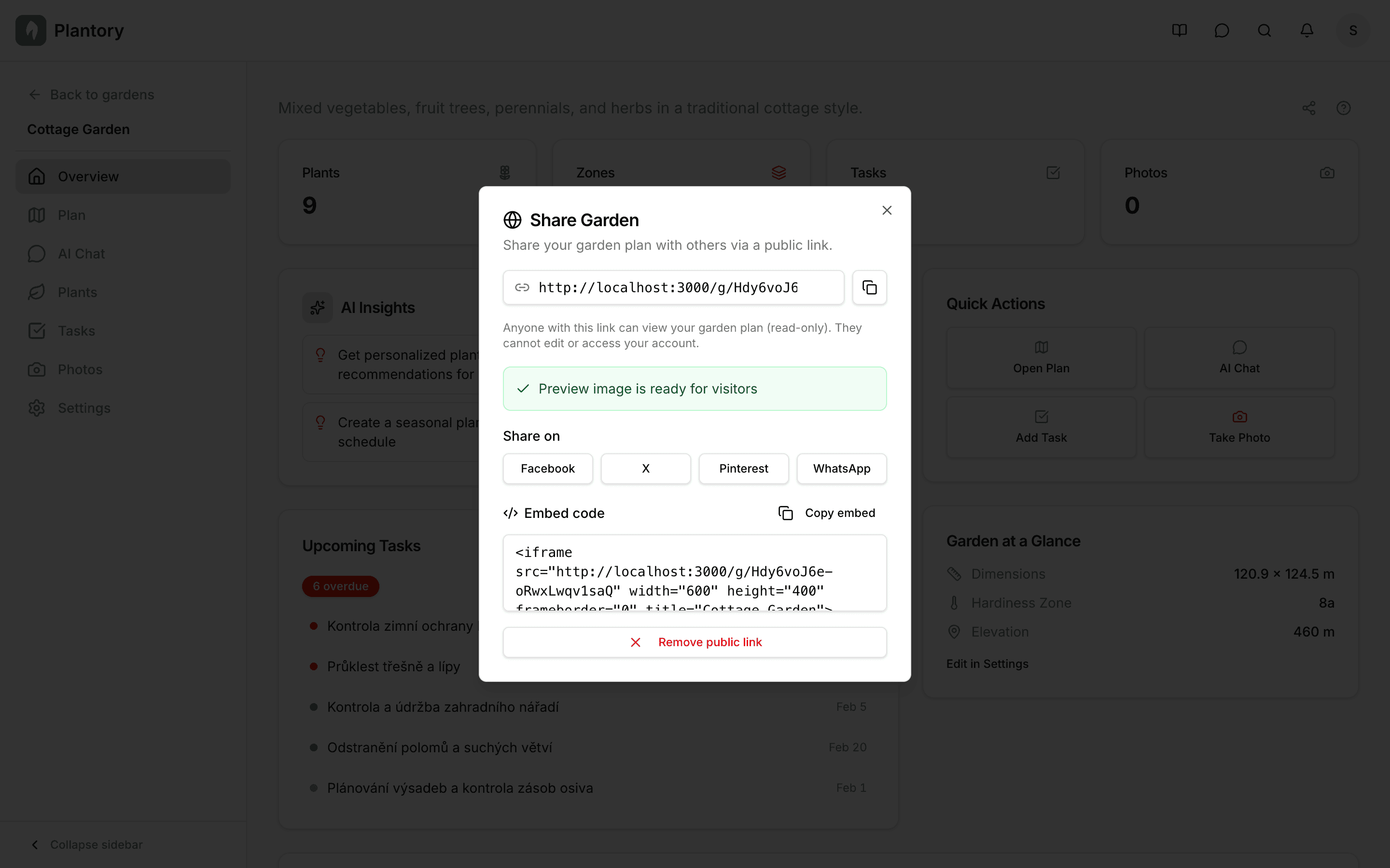 Dialog sdílení zahrady s odkazem pro sdílení