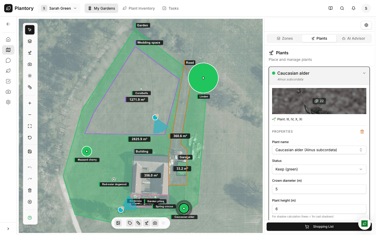 Panel detailů rostliny zobrazující požadavky na péči